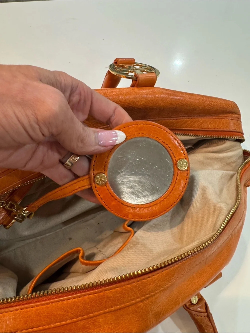 Tory Burch Orange Leather Double-Handle Shoulder Bag with Gold Logo Hardware